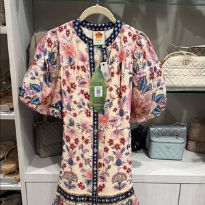 Floral Puff Sleeve Dress with Blue Accents